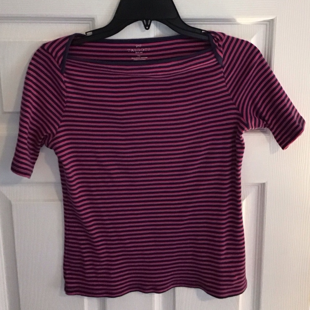 Women’s Talbots Petite M Short Sleeve Boat Neck Pink/Navy Tee Shirt